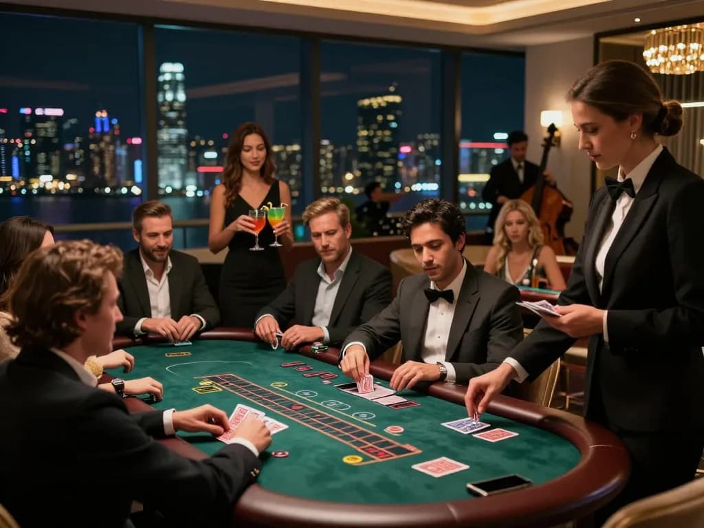 vin88a players engaged at a blackjack table with a dealer, showcasing a vibrant casino atmosphere