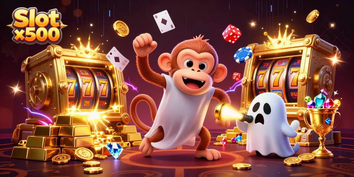 Experience the thrill of Slot x500 jackpots while a mischievous monkey juggles coins in a haunted casino.