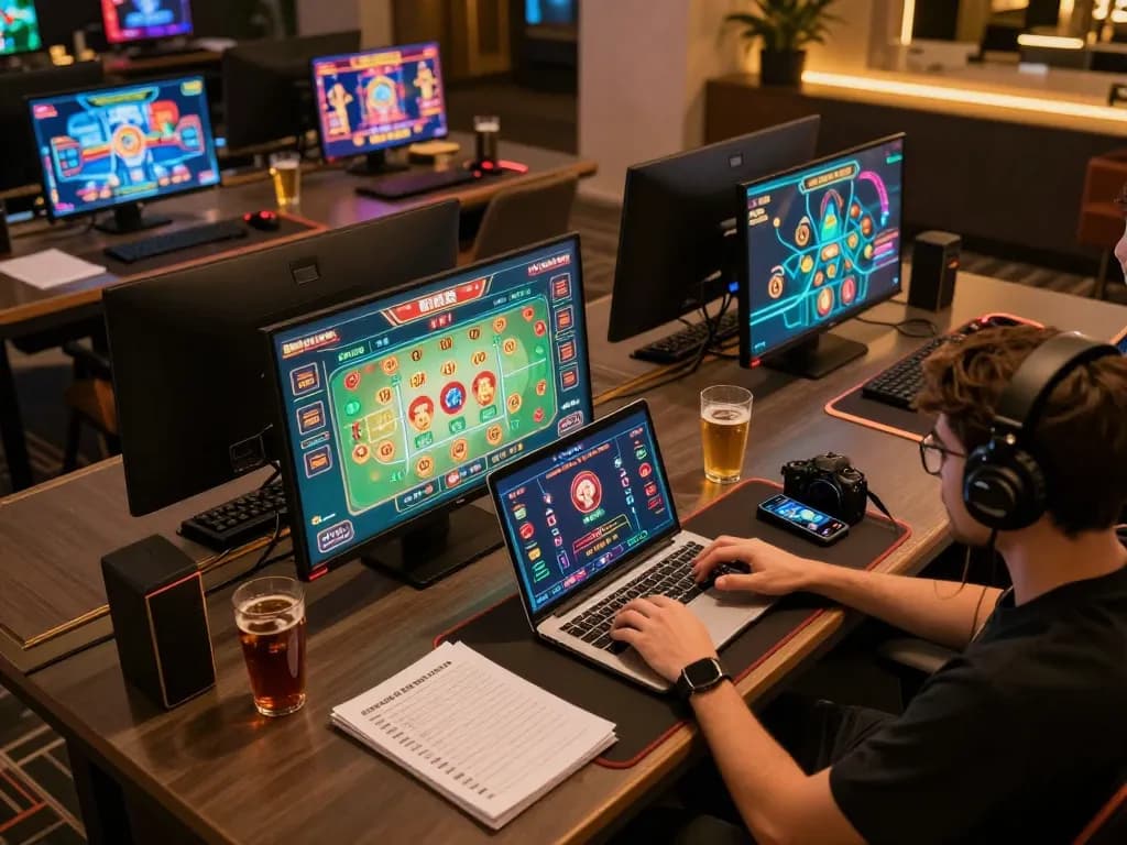 Engaging in online gameplay on RR88 with multiple screens showing casino games and personalized gaming notes
