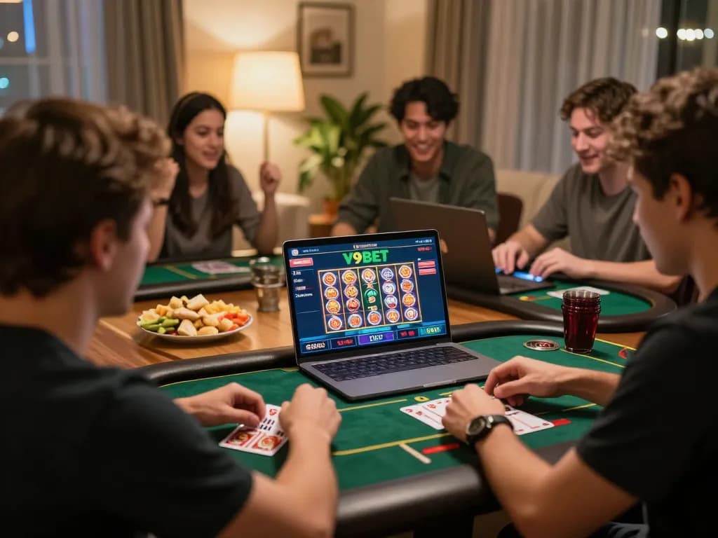 V9BET player engaging in thrilling online casino games on a laptop in a cozy home setting.