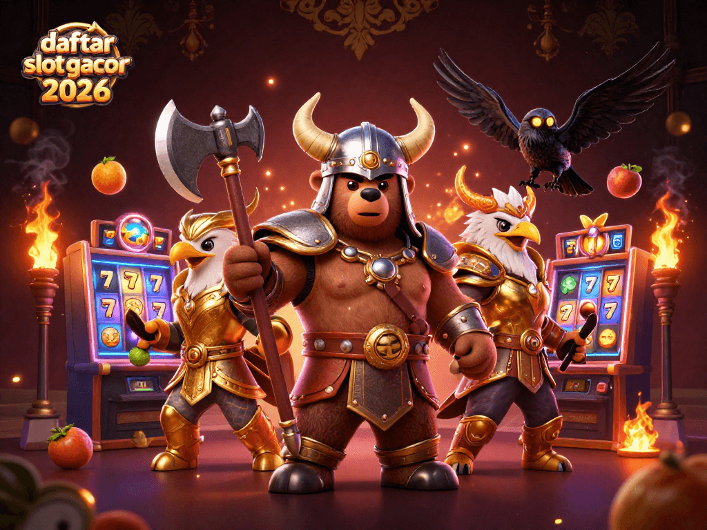 Gambarlah daftar slot gacor 2026 yang menampilkan karakter kasino dengan mesin slot berputar dan simbol keberuntungan.