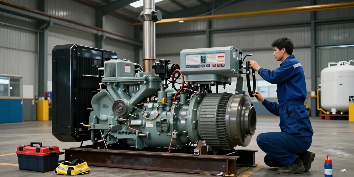 Diesel generators in a commercial facility with technician performing maintenance checks on reliable equipment.