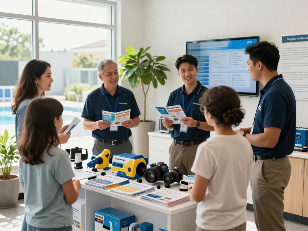 Dolphin Pool Services team assisting clients in a bright showroom for pool maintenance solutions.