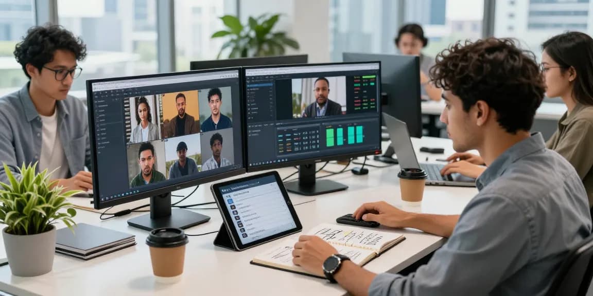 Detect AI image in a vibrant digital moderation workspace, showcasing collaboration and technology.