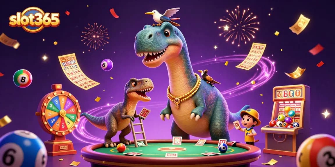 Experience the excitement of slot365 with a giant brontosaurus observing a lively casino game scene.