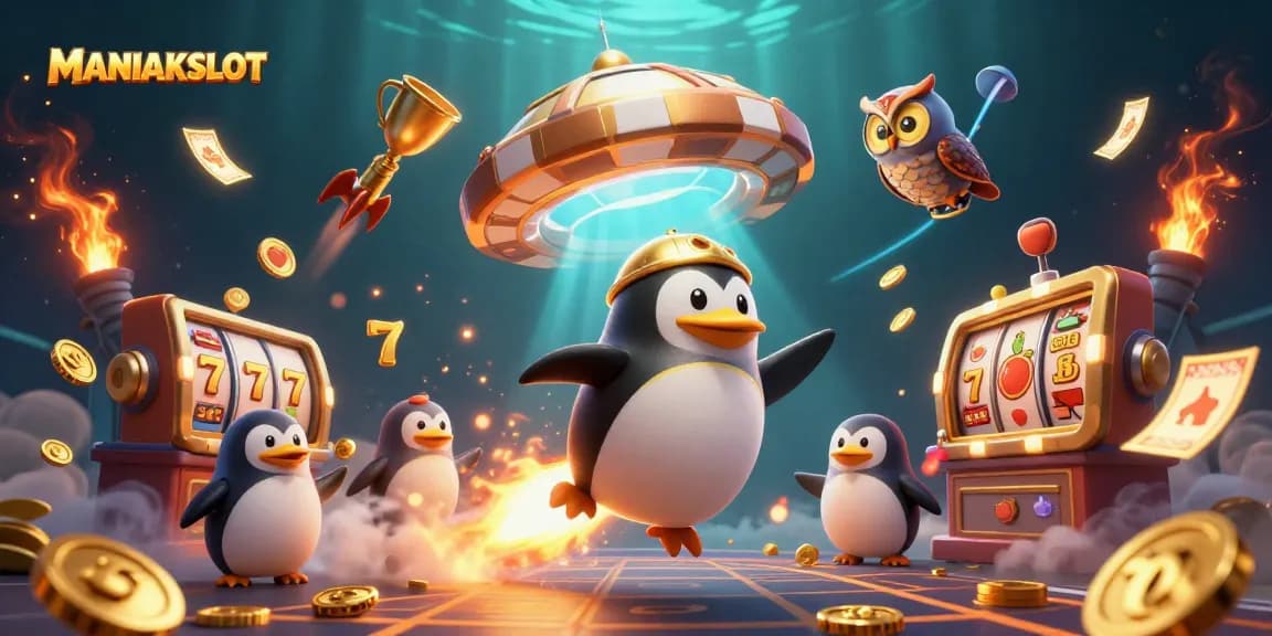 Experience excitement with MANIAKSLOT as a golden penguin heads to a poker chip casino, featuring rich gaming elements.