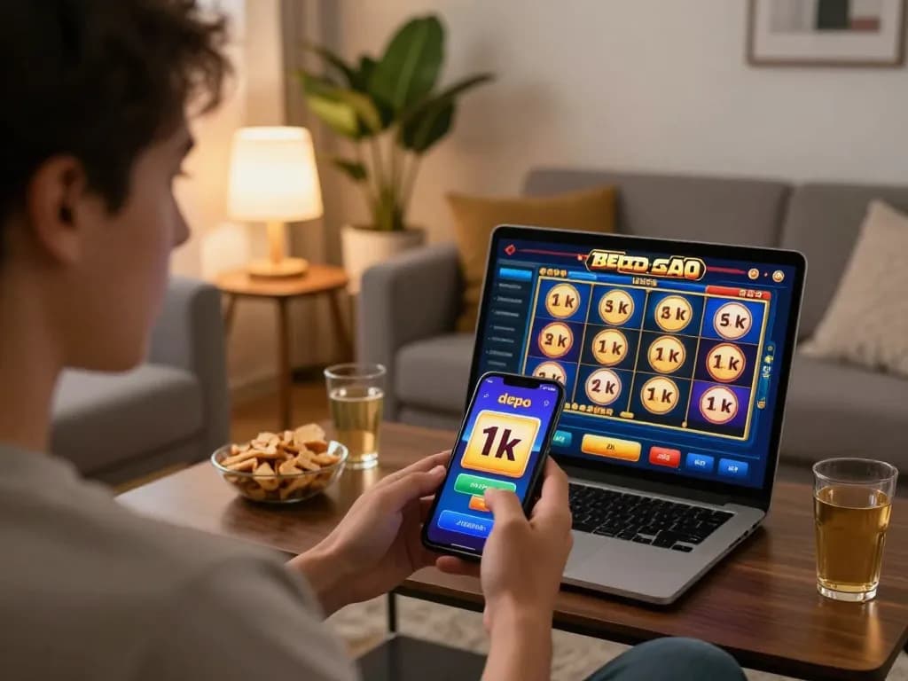 Player enjoying a slot depo 1k game on a mobile app in a cozy home setting.