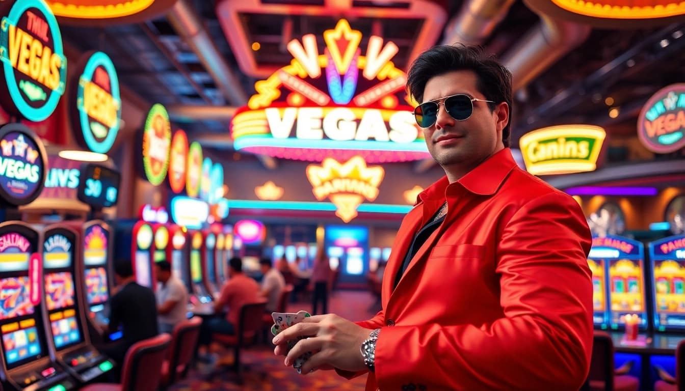Vegas hero celebrating a win at a bustling casino, surrounded by lights and excitement.