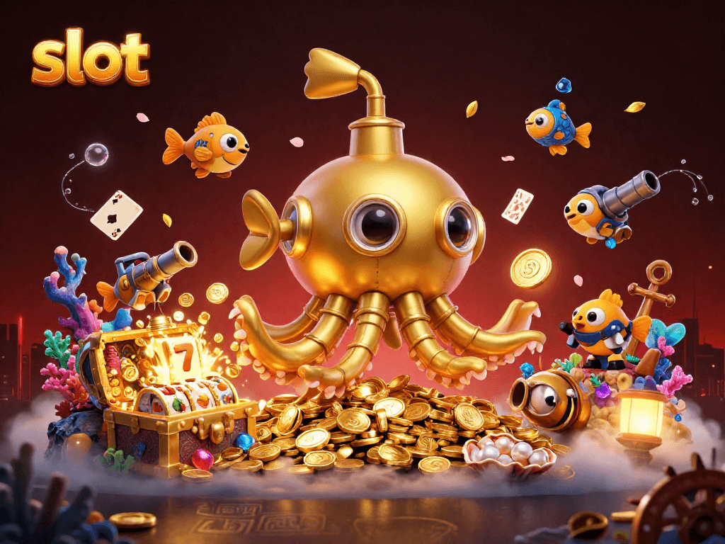 Experience thrilling slot gameplay with a golden kraken submarine amidst shimmering treasures.