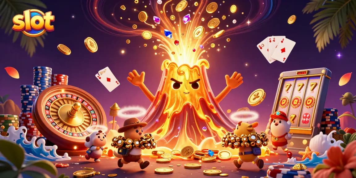 Spin the slots and watch treasures flow from a triumphant volcano in this vibrant illustration.