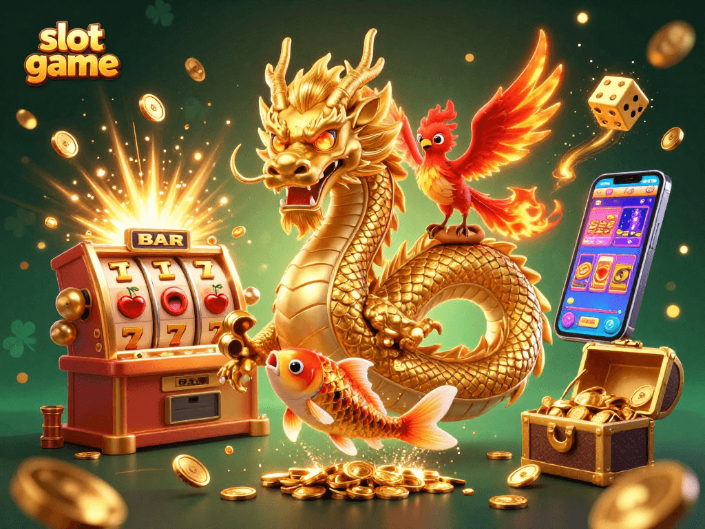 Engage with dynamic slot game adventure featuring a dragon, phoenix, and koi fish.