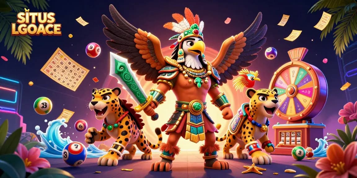 SITUS LGOACE showcases thrilling winning moments with dynamic lottery elements and vibrant characters.