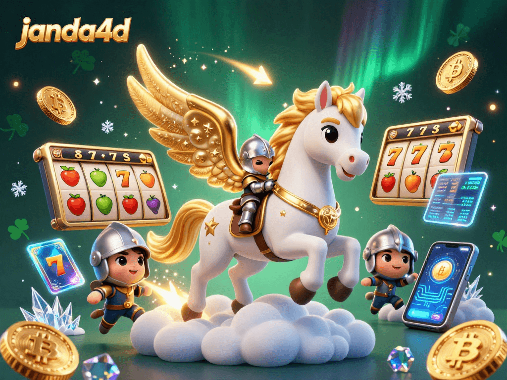 Bermain di JANDA4D dengan kuda bersayap dan simbol slot dalam ilustrasi 3D yang memikat.