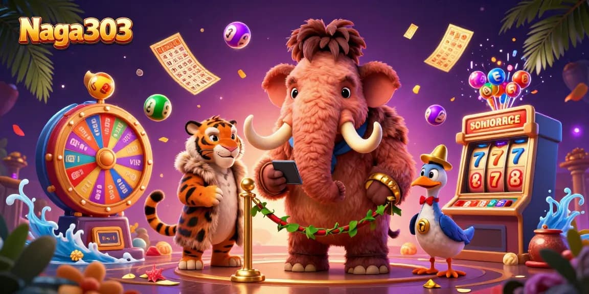 Naga303 promotes exciting casino experiences with a vibrant 3D illustration, featuring a woolly mammoth bouncer and dynamic gambling elements.