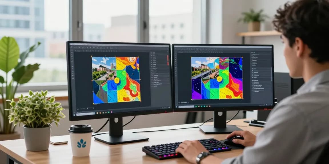 Free AI detector in use, showcasing image analysis on dual monitors in a modern workspace.