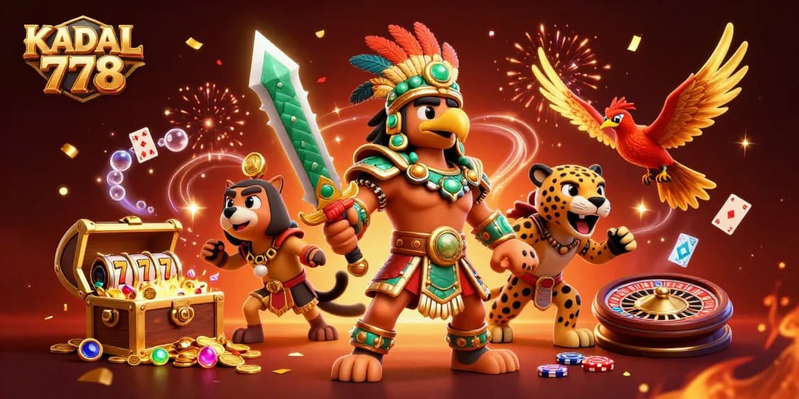 KADAL 778 players enjoy a vibrant 3D casino scene with slot reels, gold coins, and characters celebrating.