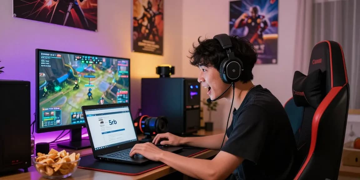 Engaged gamer enjoying a situs depo 5rb experience in a vibrant gaming setup.