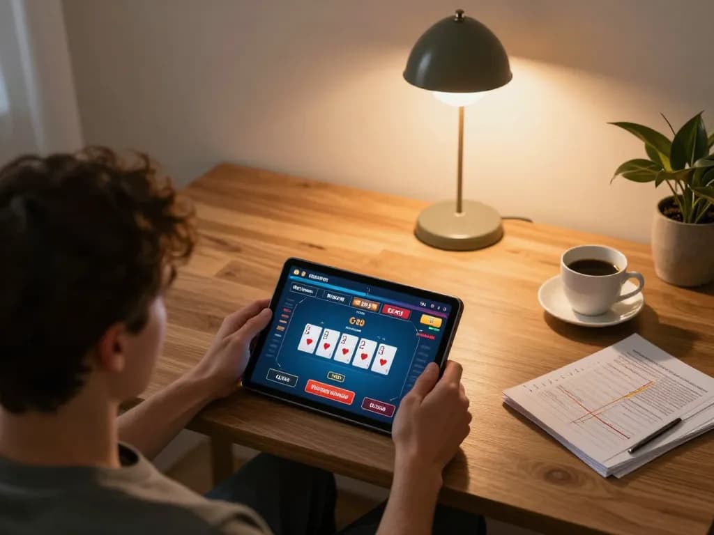 Engaged player enjoying mm88 online casino gaming on tablet, with poker game interface and cozy atmosphere.