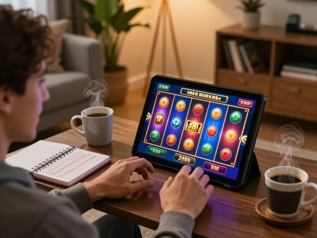 Player enjoying exciting sites not on gamstop while using a tablet in a cozy home setting.