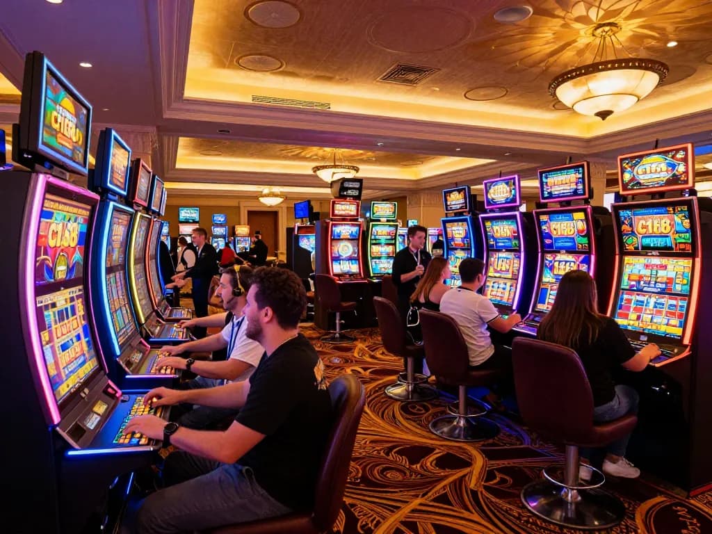 C168 casino scene with players enjoying vibrant slot machines, capturing the thrill of gaming.