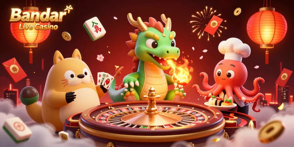 Experience thrilling gameplay at Bandar Live Casino with a festive 3D live casino scene featuring vibrant characters and immersive elements.