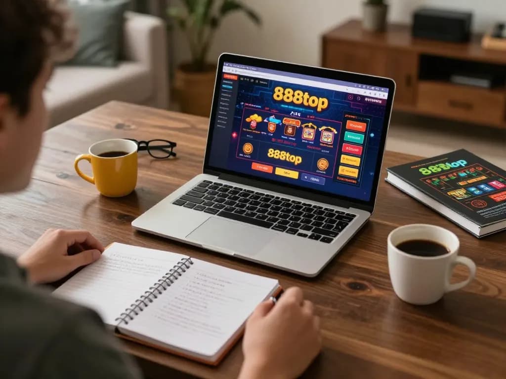 Engaging gamer exploring 888top online casino interface at home, showcasing responsible gambling.