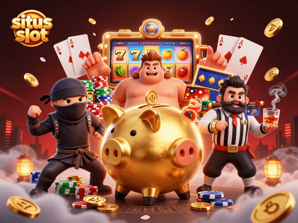 Engage with situs slot as the golden piggy bank sumo wrestler shakes coins and slot reels in action.