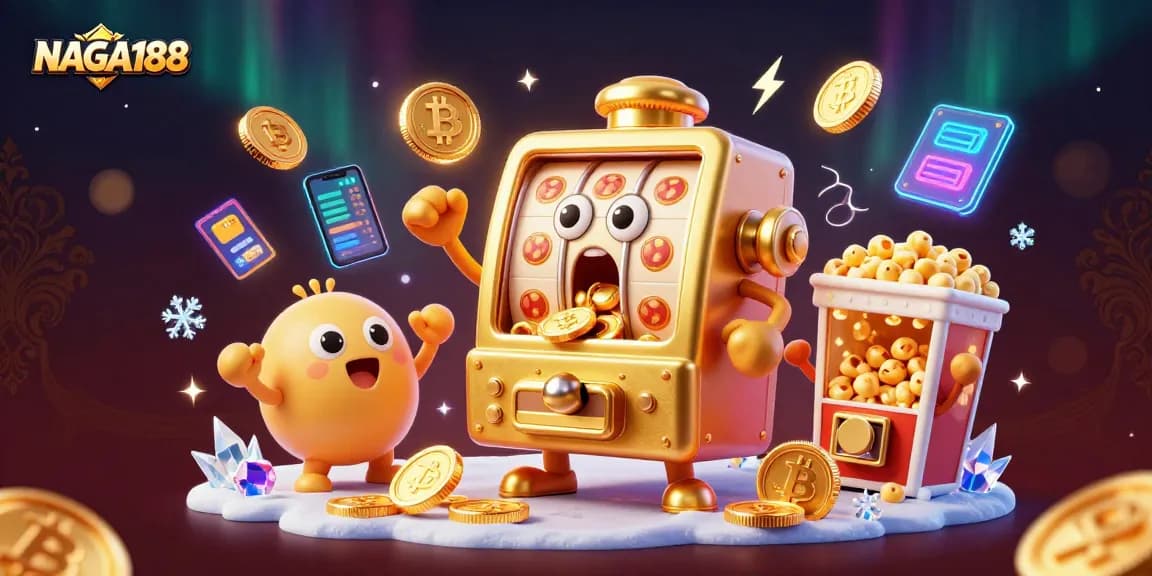 NAGA188 menampilkan mesin slot emas kartun merayakan kemenangan jackpot dengan koin berhamburan, menyuguhkan sensasi judi.