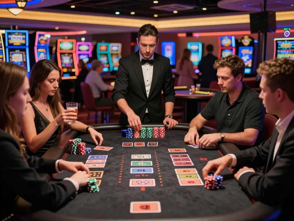 Engaged players at a sv368 blackjack table with dealer dealing cards, vibrant casino scene.