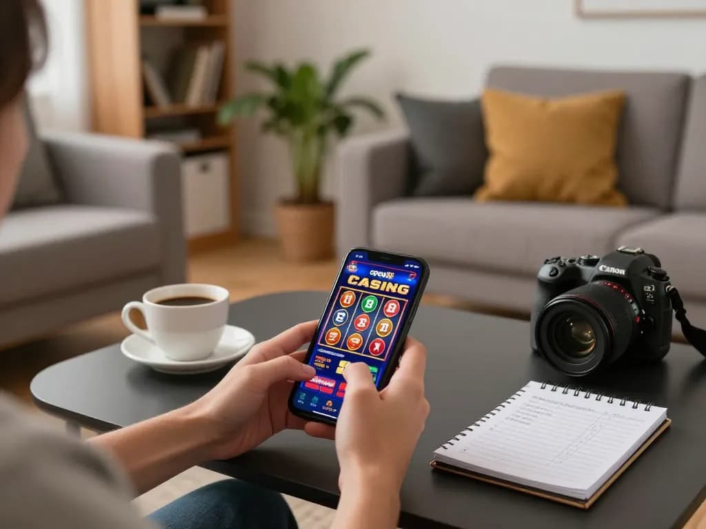 Player spinning the reels on the open88 mobile casino app in a cozy home environment, showcasing a relaxed gaming experience.
