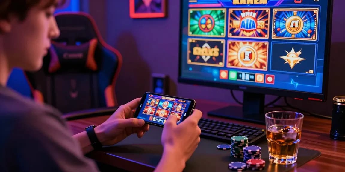 Engaging scene of a user enjoying slot depo 1000 on a smartphone with vibrant gaming atmosphere