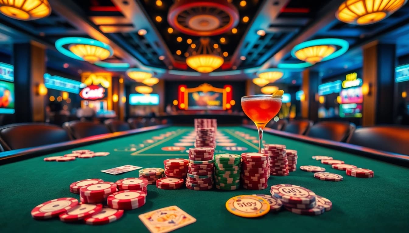 Engage in a thrilling game at Vegas hero with vibrant casino tables and colorful chips.