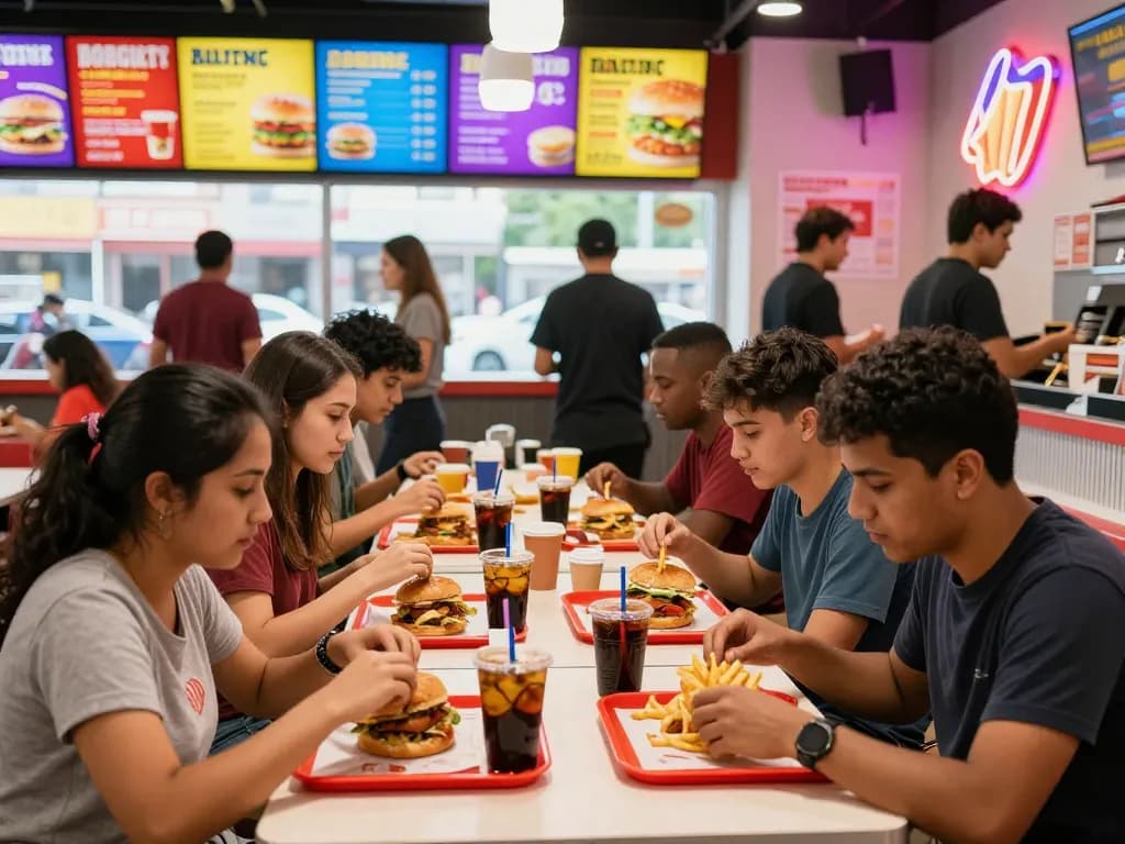 Friends enjoying fast food meals with visible fast food prices in a lively restaurant