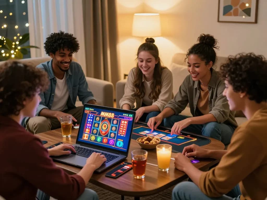 Excited friends enjoying MM88 online casino games together at home.