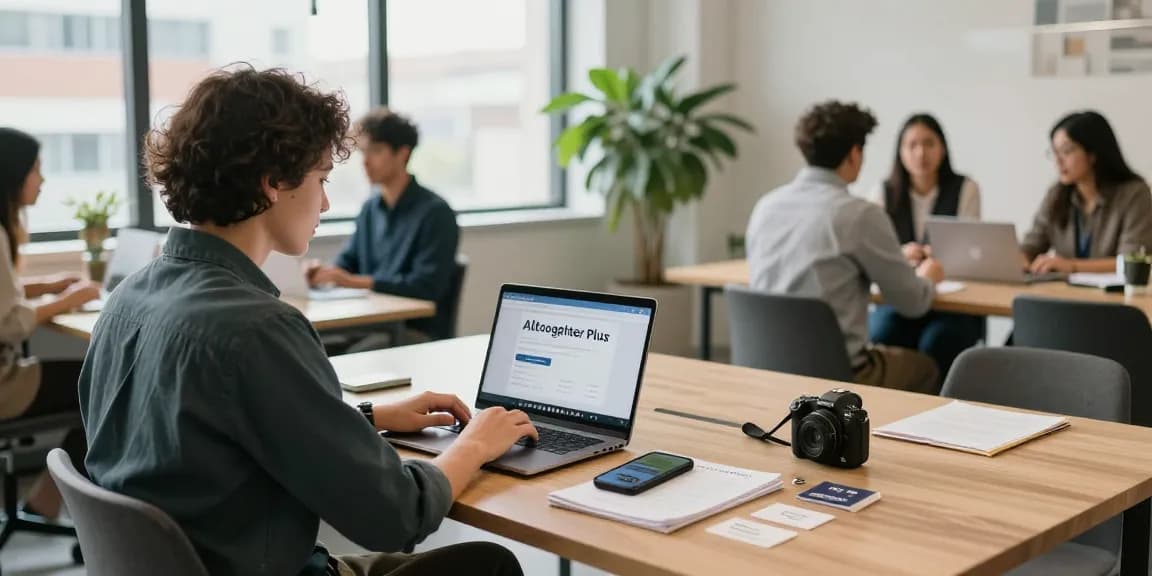 Self-employed individual showcasing profile on Alltogether Plus in modern co-working space