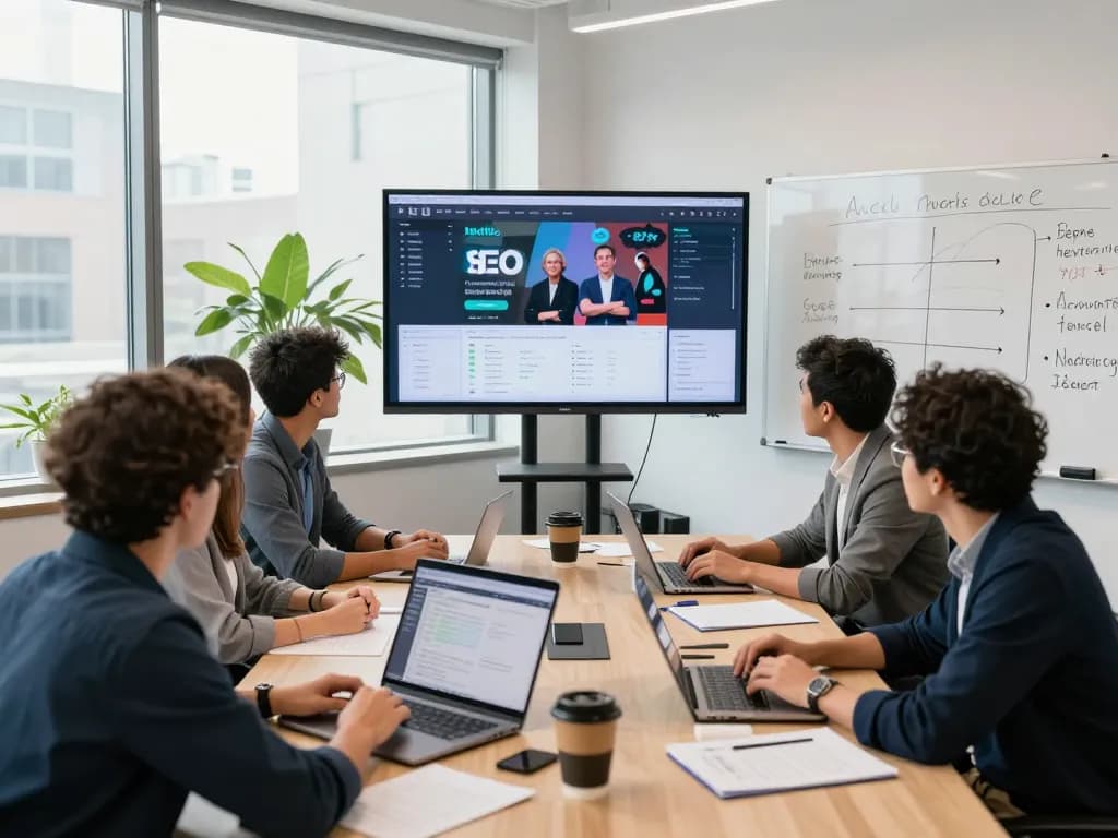 Engaging office scene with a diverse SEO team discussing strategies, highlighting the Best SEO Company NYC.