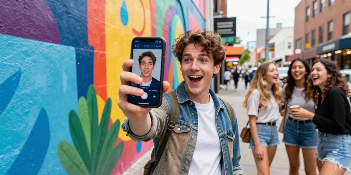 Individual using a mobile app to find their celebrity look alike in vibrant urban setting.