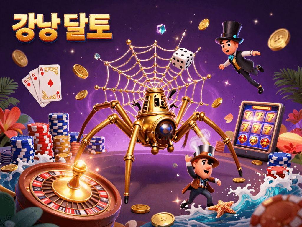 강남 달토의 화려한 경험을 포착한 3D 일러스트, 카라오케와 카지노가 만나는 장면.