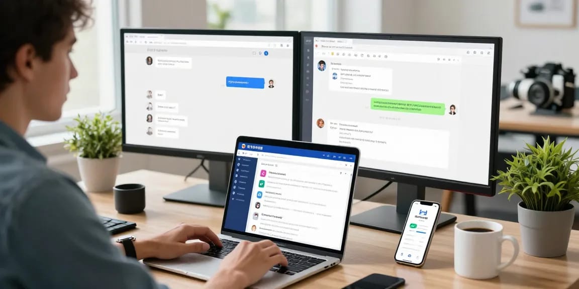 Using 纸飞机中文版官网 in a modern digital workspace with laptop and dual monitors.