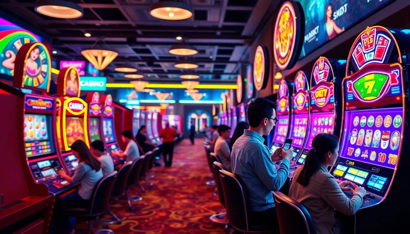 Engaging scene showcasing Online slots Uk with vibrant digital slot machines and lively casino atmosphere.