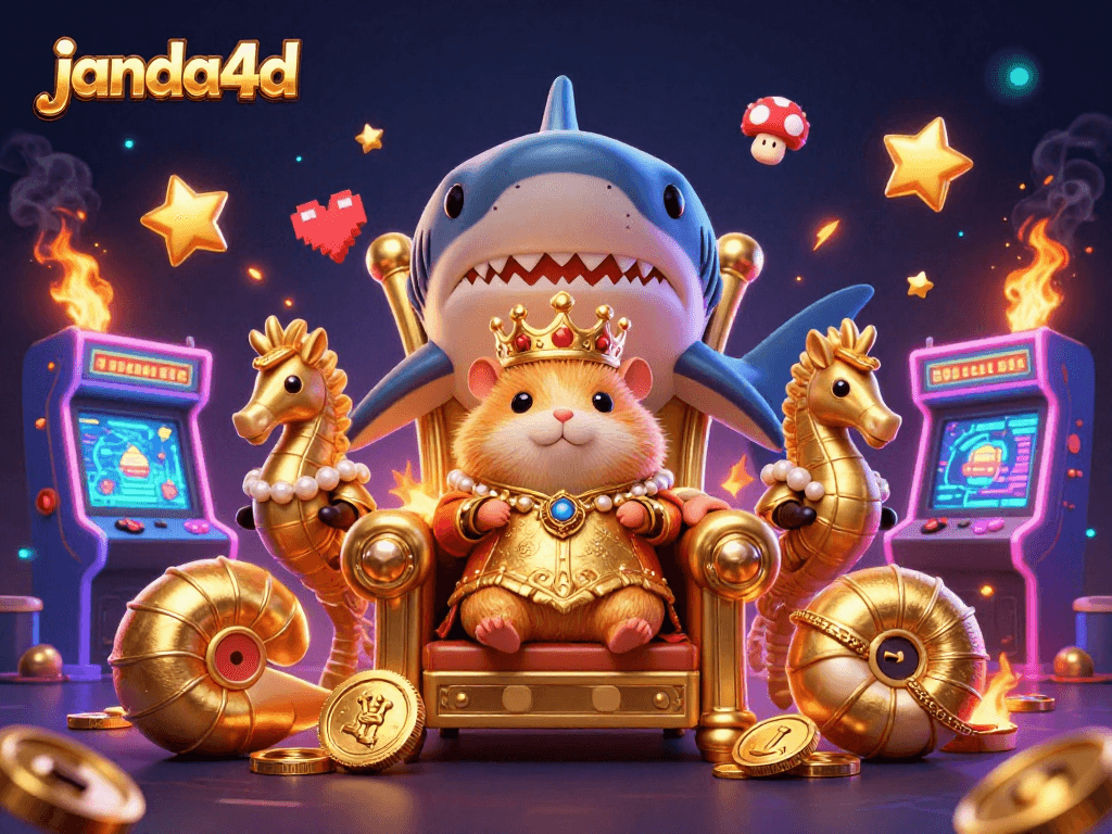 janda4d menghadirkan ilustrasi kerajaan permainan dengan patung hiu dan raja hamster, dikelilingi slot mesin yang bercahaya.