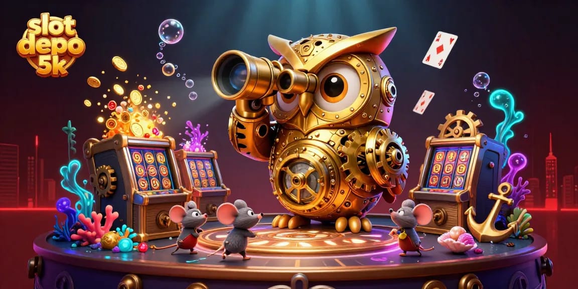 Engage with slot depo 5k's rich casino experience, featuring golden owl and animated slot machine scenes.