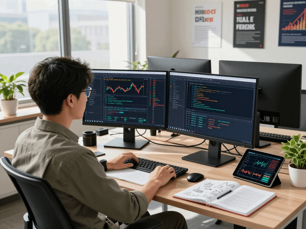 Dynamic office scene showcasing a developer working on a multi-ticker HK stock batch API with real-time data and analytics.