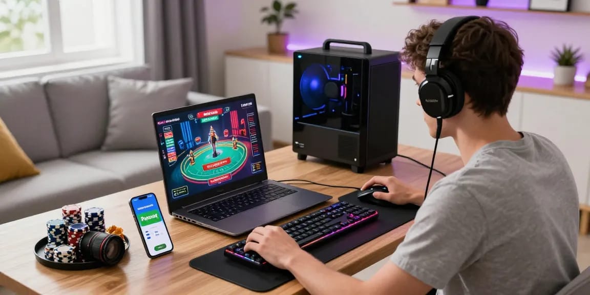 Engagierter Spieler zu Hause, der ein Paysafe Card Casino-Erlebnis mit lebendigem Gaming-Setup genießt.