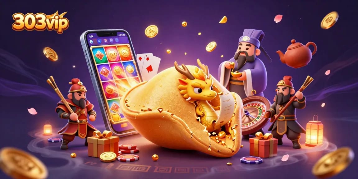Engage with 303vip in a vibrant casino adventure featuring a playful dragon and fortune cookie.
