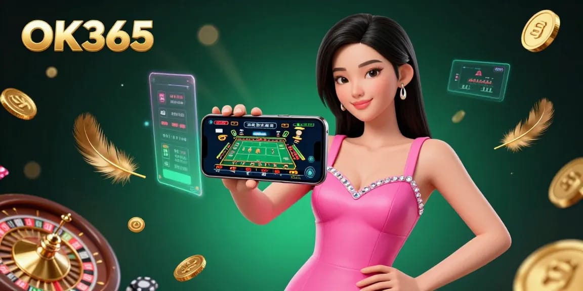 Engage with OK365's live dealer games in this stunning illustration filled with casino elements and shimmering particles.