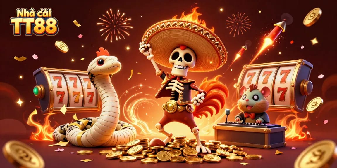 Experience the excitement of Nhà cái TT88 with a festive 3D illustration featuring a lively casino scene.