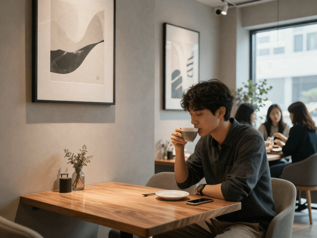 강남 멀리건에서 편안한 분위기 속에 커피를 즐기는 모습