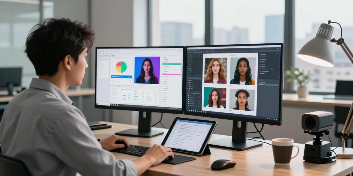 AI image detector in a modern workspace with dual monitors analyzing generated images.