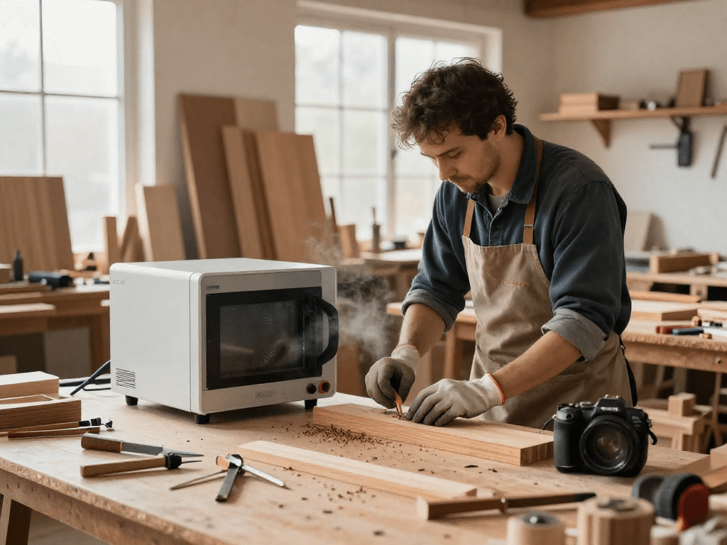 Technician using Shashel equipment to eliminate woodworms in a workshop.
